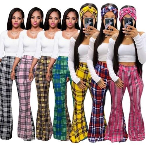 Fashion Checkered Print High Waisted Bell Bottom Pant for Women 2020 Autumn Plaid Pant Pantalones Classic Bodycon Flare Trousers