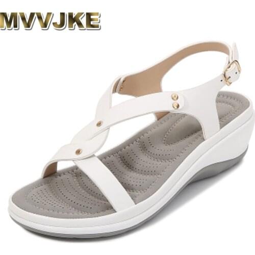MVVJKE Women sandals woman mid heels woman wedge buckle shoes women casual solid ladies comfortable beach shoes big size 42