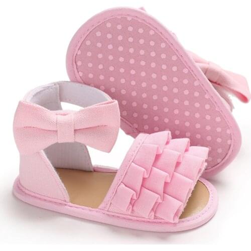 New 0-18M Summer Baby Shoes Newborn Sandals Boys Soft Crib Shoes Girls Bowknot Solid Color Ruffled Sandals Kids Casual Shoes