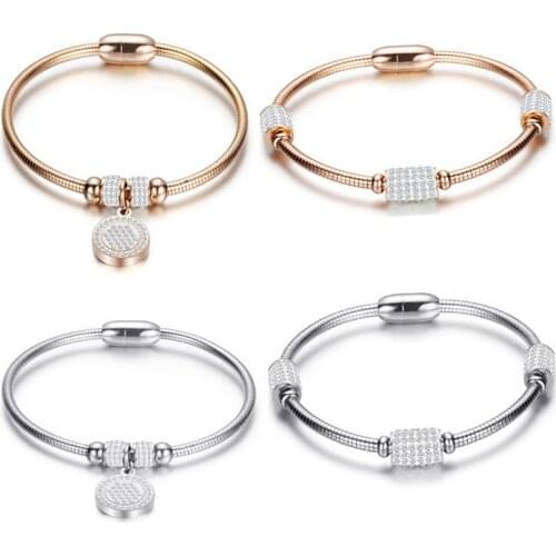 New Women Crystal Bead Bracelet Bangles Stainless Steel Snake Chain Fashion Women Wedding Jewelry