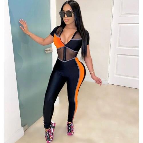 Striped Mesh Patchwork Skinny Rompers Womens Jumpsuit Front Zipper Stretchy Casual Fitness Activewear Overalls for Women Outfits