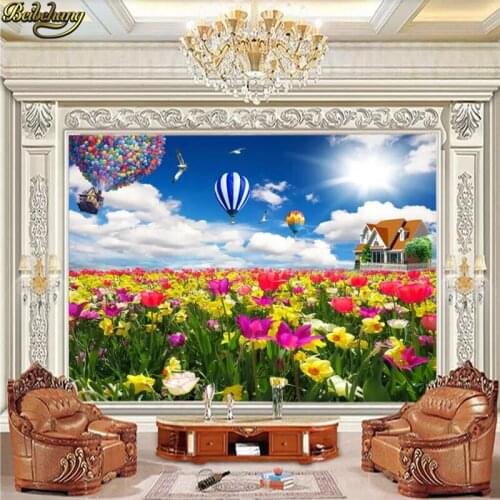 Beibehang Custom 3d wallpaper mural blue sky white clouds tulip flying house hot air balloon TV background wall painting