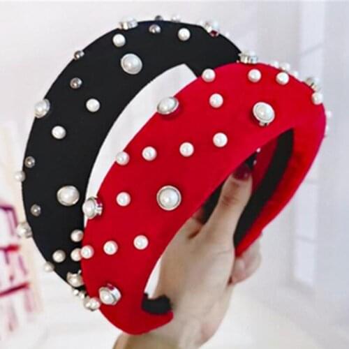 Red Padded Headband Pearls for Women Retro Thick Velvet Headband Adults Show Head Band Hairband Wide Women Pearls Headband