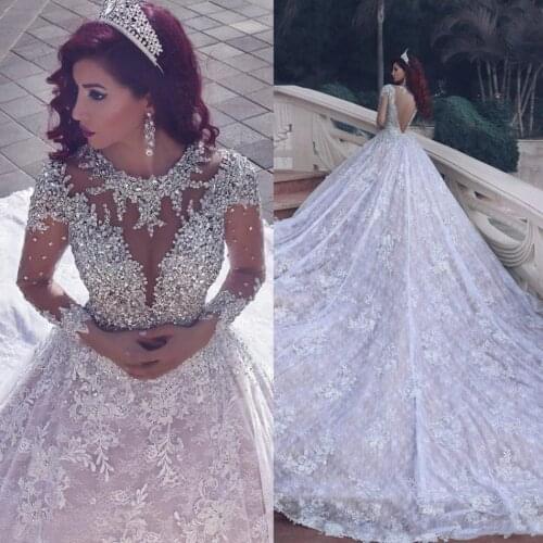 Luxury Cathedral Train 2019 Wedding Dresses Long Sleeves Beaded Lace Applique Bridal Gowns Jewel Neck Crystal Wedding Dress