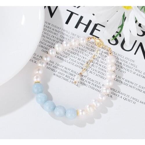Luxury Natural Freshwater Pearls Aquamarine Beads Handmade Womens Strand Bracelets Bangles Fine Jewelry New Arrival 2021 YBR376