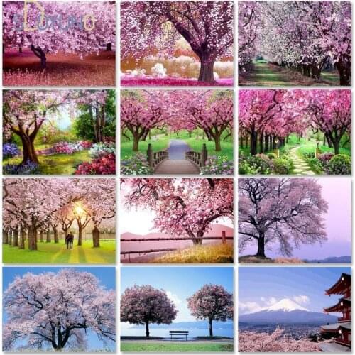 SDOYUNO Scenery Painting By Numbers Hand Painted Kits Cherry Trees Drawing Framless Oil Coloring Painting Pictures By Numbers Ho