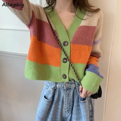 Cropped Cardigan Women Casual Colorful Striped Loose Fashion Korean Style All-match Streetwear Long Sleeve V-neck Spring Autumn