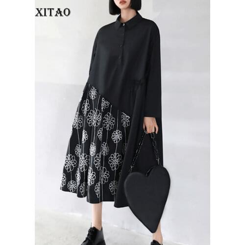 XITAO Pleated Dress Fashion New Women Elegant Pleated Pullover Goddess Fan Print Pattern 2021 Autumn Loose Dress Top WMD2575