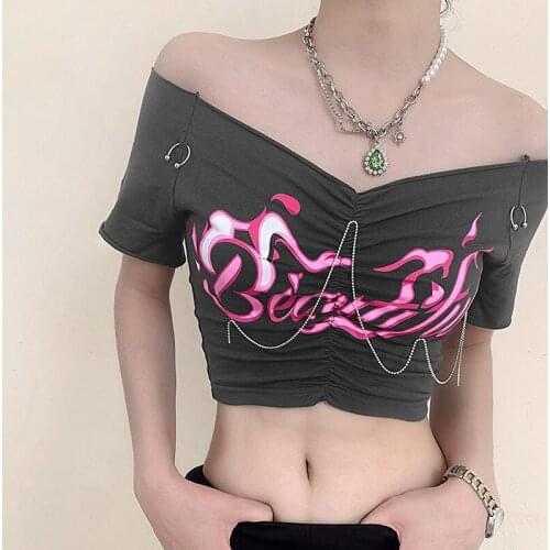 Fashion Women T-Shirt Sexy Off Shoulder Crop Top Ruched Short Sleeve Letter Print T-Shirt Chain Streetwear