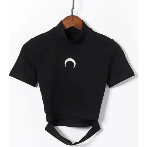 2020 Summer Gothic Streetwear T-Shirt for Women Harajuku Tops Tshirt Women T Shirts Sexy Casual Moon Embroidery Crop Top Female