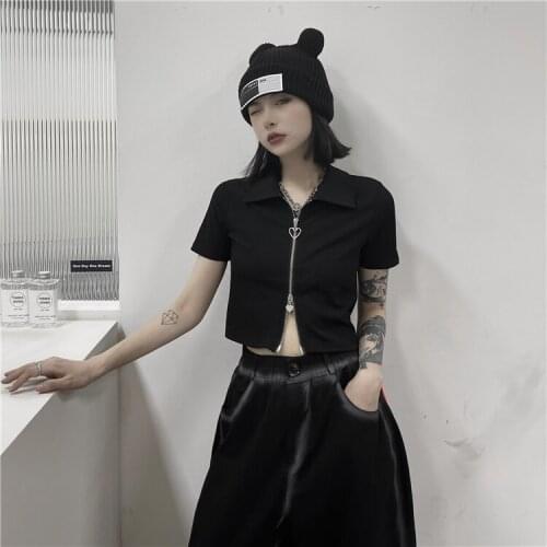 Summer T-shirt Short Love Zipper Open Needle Slim All-match Casual Top Lapel T-Shirt Dark Style Female