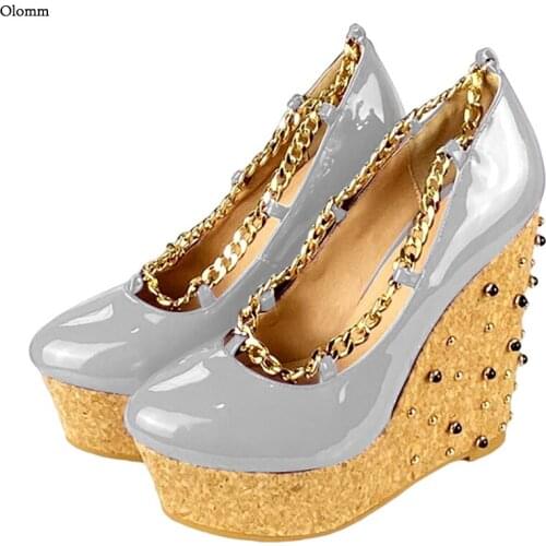 Olomm Handmade Women Platform Shiny Pumps Studded Wedges Heels Round Toe 10 Colors Night Club Shoes Women Plus US Size 5-20