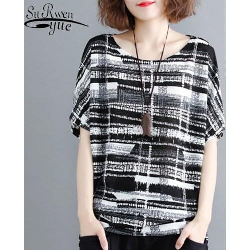 Plus Size Women Shirts Short Sleeve Summer Tops Print Black Ladies Blouses Striped Blouse Women Shirt Blusas Mujer De Moda 0275