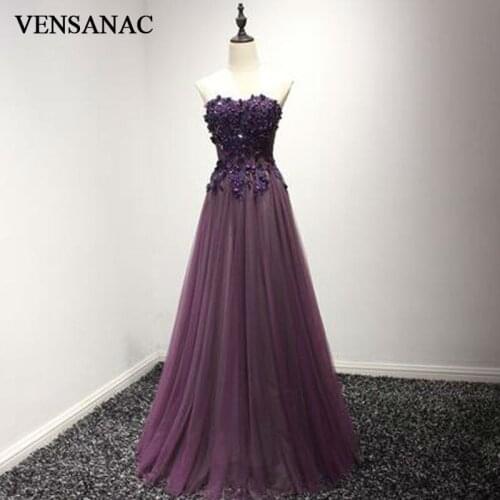 VENSANAC 2017 New A Line Lace Appliques Strapless Long Evening Dresses Sleeveless Elegant Draped Sash Party Prom Gowns