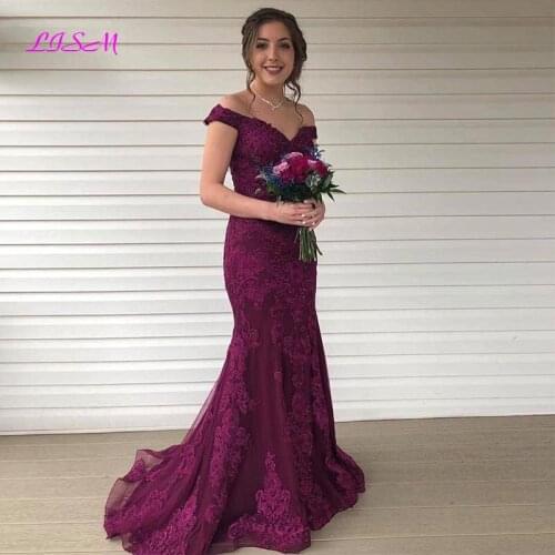 Elegant Off The Shoulder Evening Dress Dark Purple Lace Appliques Sweep Train Mermaid Robe De Soiree Women Party Gowns