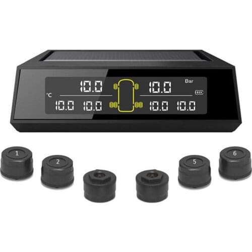 6-wheel Truck Bus Solar Wireless Tire Pressure Monitoring System TPMS 6 External Sensors Replaceable Battery LCD Display