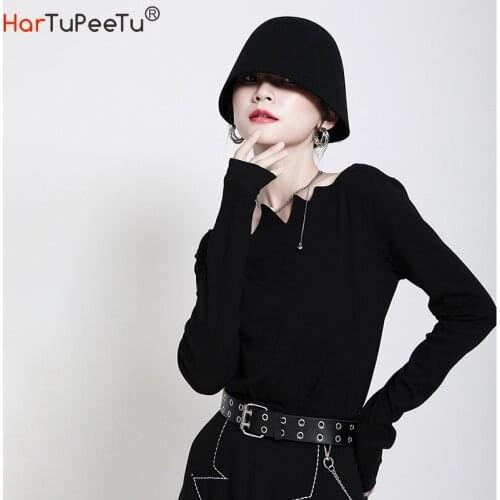 Black Long Sleeve T Shirt Women Slim Fit Autumn 2020 Basic Tops High Elastic Irregular Zigzag Collar Stylish Tees