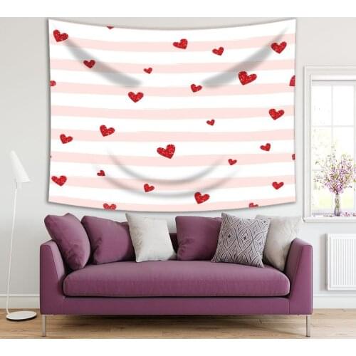 Tapestry Shining Hearts on Striped Background Glitter Romantic Celebration Love Theme Art Red Pink White