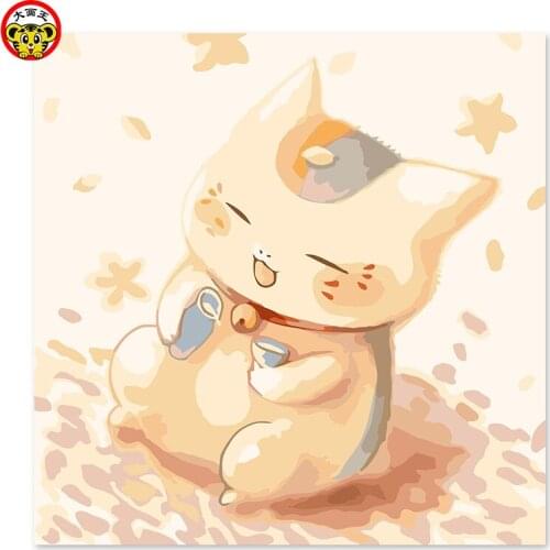Painting by numbers art paint by number Lucky cat, happy drinking small wine, DIY home decor painting, drawing on cloth
