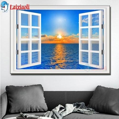 Window frame style sea view picture 5D Diamond Painting Full Drill Square Diamond Embroidery Cross Stitch Gift Kits Home Decor