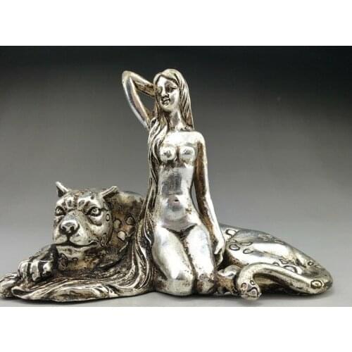 CHINESE Old TIBETAN SILVER COPPER HANDMADE BEAUTY WOMAN AND LEOPARDS STATUE YT21