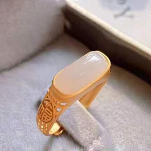 S925 Sterling Silver Natural Hetian Jade Green Jade Ring Sterling Silver Gilding Long Opening Square Ring Adjustable Womens Vin