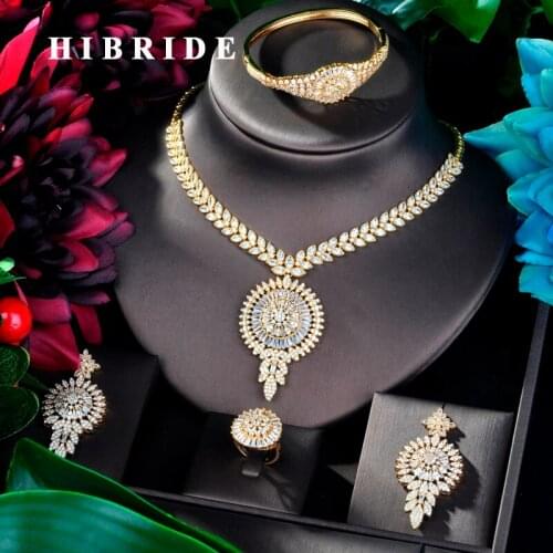 HIBRIDE Luxury Gold Color Nigerian Wedding Water Drop Cubic Zirconia Necklace Dubai 4PCS Dress Jewelry Set For Party Gifts N-825