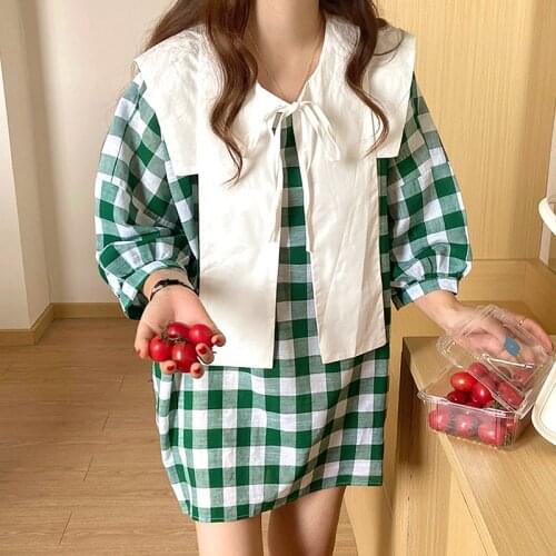 Korea Chic Niche Round Neck Detachable Lace Shawl Loose Wild Puff Sleeve Small Plaid Dress