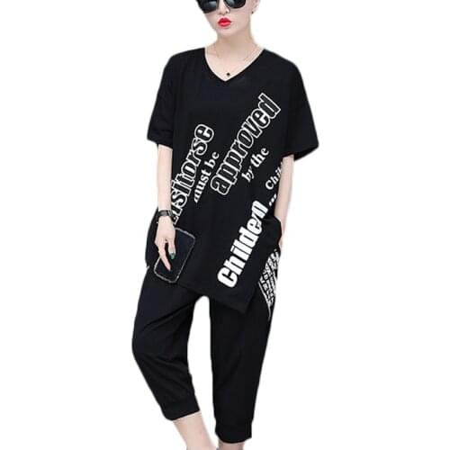 Summer New Two-piece Women Fashion Plus Size Slim Letter Short Sleeve Two-piece Womens Casual Sports Cropped Trousers Suit B324