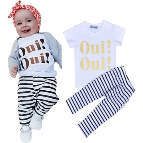 Boys and girls' suits summer short-sleeved baby set gold letter T-shirt striped trousers two-piece newborn clothes k1