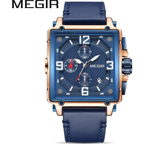 MEGIR New Blue Creative Men Watch Top Brand Luxury Chronograph Quartz Cloc0k Men Leather Sport Army Military Wrist Watches