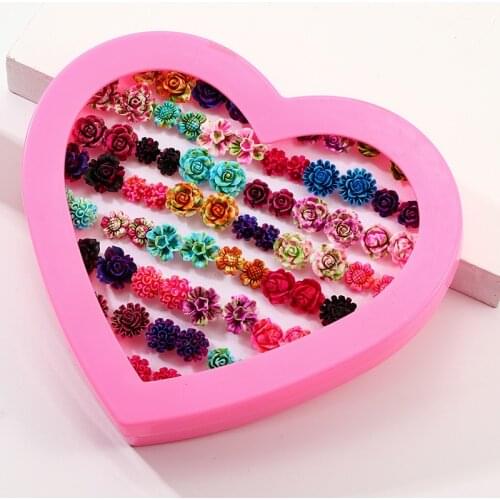 36 Pairs Fashion Plastic Antiallergic Ear Studs Set Girls Resin Rose Flower Children Earring Set Mix Earrings for Women Jewelry