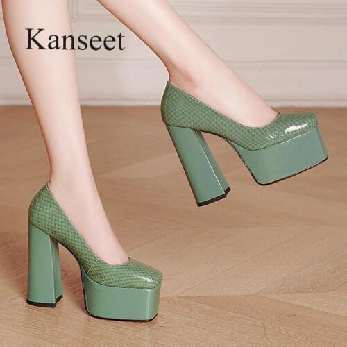 Kanseet New 2021 Autumn Cow Patent Leather Womens Pumps Party Office Lady Super Thick High Heels Slip-On Platform Female Shoes