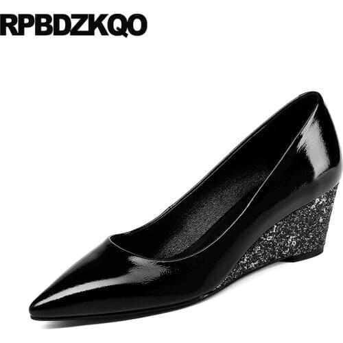 Genuine Leather Pointed Toe Pumps Bride Glitter 2018 Sequin Size 4 34 Black Medium Heels High Wedge Wedding Shoes Bridal Women