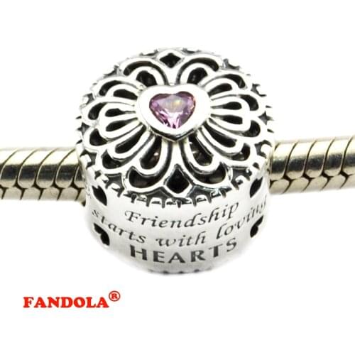 Fits Pandora Charms Bracelets 925 Sterling Silver Love and Friendship Beads with Pink Cubic Zirconia for Jewelry Free Shipping
