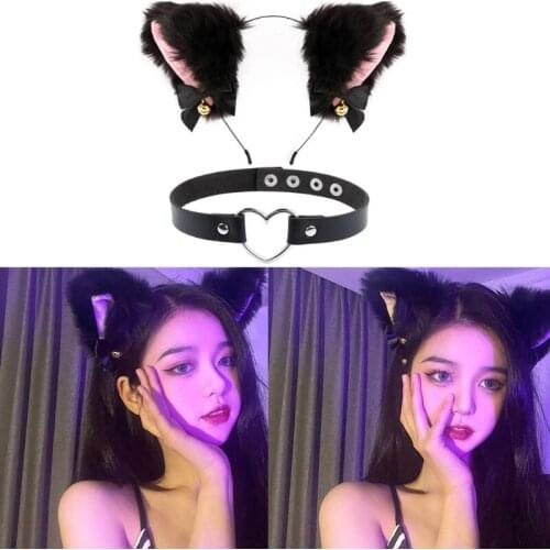 M2EA Cat Ears Headband Plush Furry Cute Cat Ears with Bow Bell Chocker Fluffy Headwear Kitten Necklace for Party Halloween