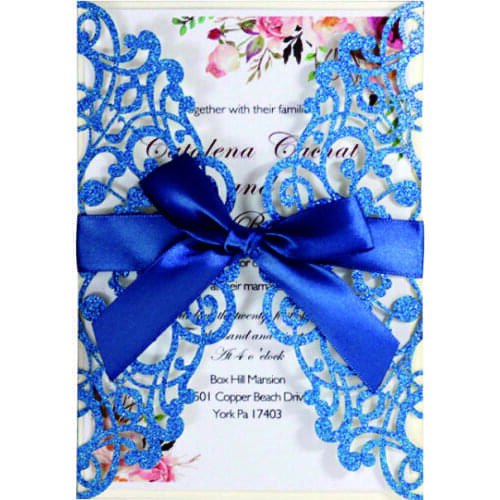 Blue Red Glitter Paper Laser Cut Wedding Invitation Card With Ribbon Personalized Inner Printing Event Party Supplies