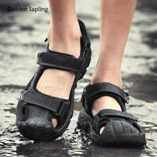 Golden Sapling Retro Mens Sandals Leisure Outdoor Shoes Breathable Summer Beach Sandals Genuine Leather Water Trekking Shoe Men