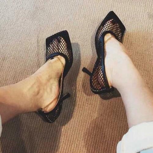 Sexy Women Sandals Pumps 2019 New Summer Hollow Air Mesh Chain Ladies Square Toe Shallow Slip On Thin High Heels Sandals Pumps