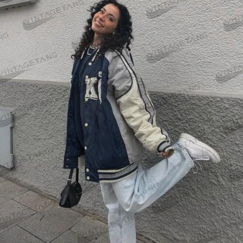 B-TOTO American Retro Navy Blue Color Matching Letter Embroidery Jacket Female Tide Ins Baseball Uniform Jacket 2021