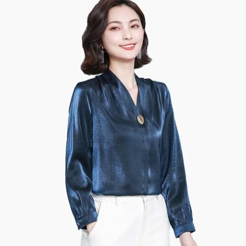 2020 Woman Spring & Autumn Office Lady Solid Color V-Neck Button Glossy Fabric Blouse