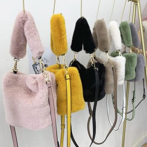 Women Fashion Cute Faux Fur Bucket Bags Girls Cross-body Handbags Shoulder Bag
