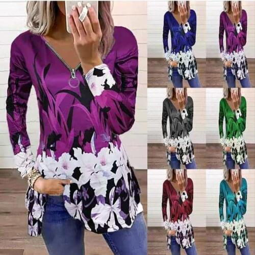 2021 European and American cross-trade autumn/winter womens zipper pullover printed long sleeve loose T-shirt blouse