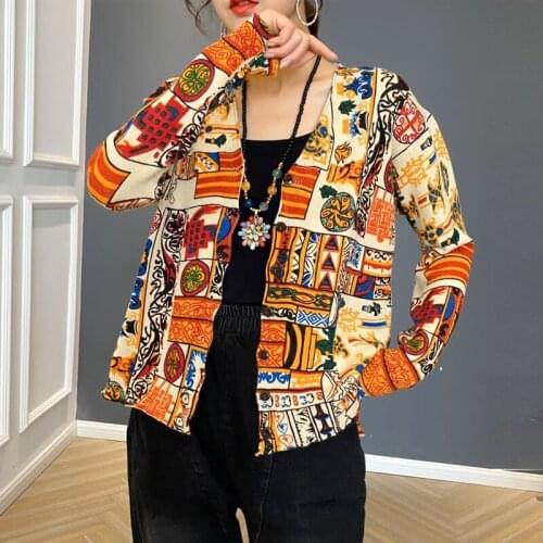 Vintage Style Women Sweater Fad Autumn Geometric Printing Knitted Cardigan V-Neck Long Sleeve Single-Breast Sweater for Ladies