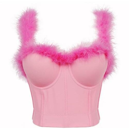 2021 New Sexy Crop Top Women Pink Solid Color Spaghetti Strap Sexy Backless Camisole Fluff Fit Vest Club Push Up Bralette Bra