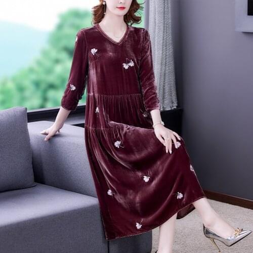 Floral Embroidery Velvet Loose Midi Dress Autumn Women Elegant Bodycon Vestidos 2021 Winter Casual Vintage 5XL Plus Size Dresses