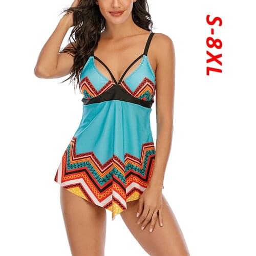 2021 New Plus Size 8XL Women Tankini Sexy Two Piece Skirt Bikini Set Female Swimsuit Swimwear Swim Separate Swimmng Bathing