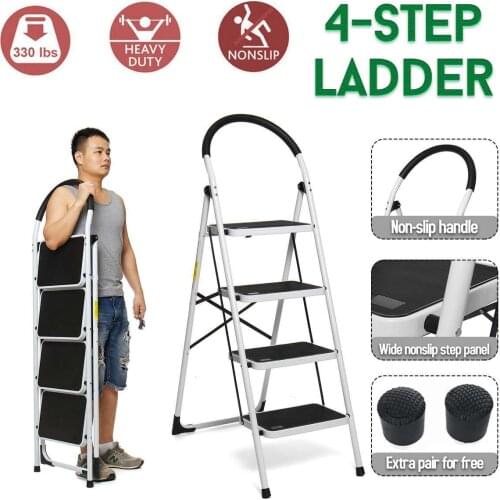 4 Step Folding Aluminium Ladder Multi-Purpose Extension Ladders Non-slip Handrail Work Platform Tool 330lb Capacity