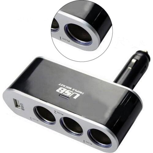 Power Charger Adapter 4 Way Car Cigarette Lighter Socket Splitter Charging Dual USB Ports for Smartphones DC 12V/24V Black 120W
