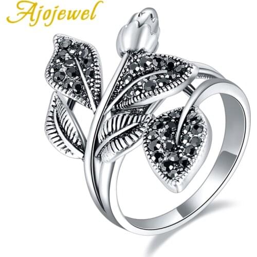 Ajojewel Size 7-9 Vintage Style Rose Bud Ring Flower Elegant Black Rhinestone Leaf Anel Party Gift